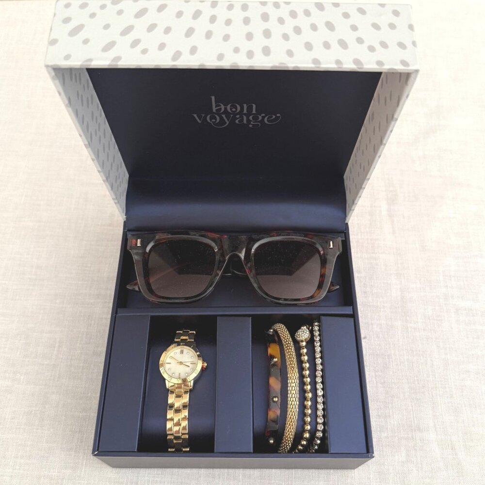 Accessory Gift Set Tortoise Sunglasses Goldtone Watch Bracelets Decorative Box